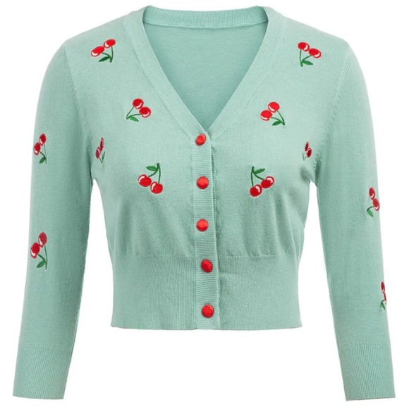 Belle Poque Sweaters - EUC Belle Poque 3/4 Sleeve V-Neck Cherries Embroidery Cropped Cardigan Sweater